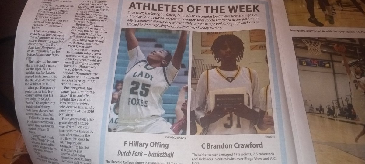 Thomas Grant Jr. (@junebugnewyork) on Twitter photo This week's <a href="/LexChron/">Lexington County Chronicle</a> Athletes of the Week - <a href="/HillaryOffing/">Hillary Offing</a> of <a href="/df_girlsbb/">Dutch Fork Girl's Basketball</a> & Brandon Crawford of <a href="/irmobasketball/">Irmo Basketball</a>. Please send your nominations to thomas@lexingtonchronicle.com by Sunday evening. This week's <a href="/LexChron/">Lexington County Chronicle</a> Athletes of the Week - <a href="/HillaryOffing/">Hillary Offing</a> of <a href="/df_girlsbb/">Dutch Fork Girl's Basketball</a> & Brandon Crawford of <a href="/irmobasketball/">Irmo Basketball</a>. Please send your nominations to thomas@lexingtonchronicle.com by Sunday evening.