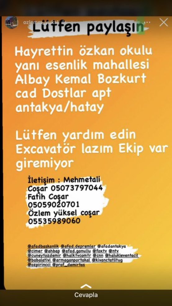 BartuSoral's tweet photo. Teyit ettim. Bilgi doğru. Paylaşalım lütfen
@AFADBaskanlik https://t.co/W3afSgKtIL