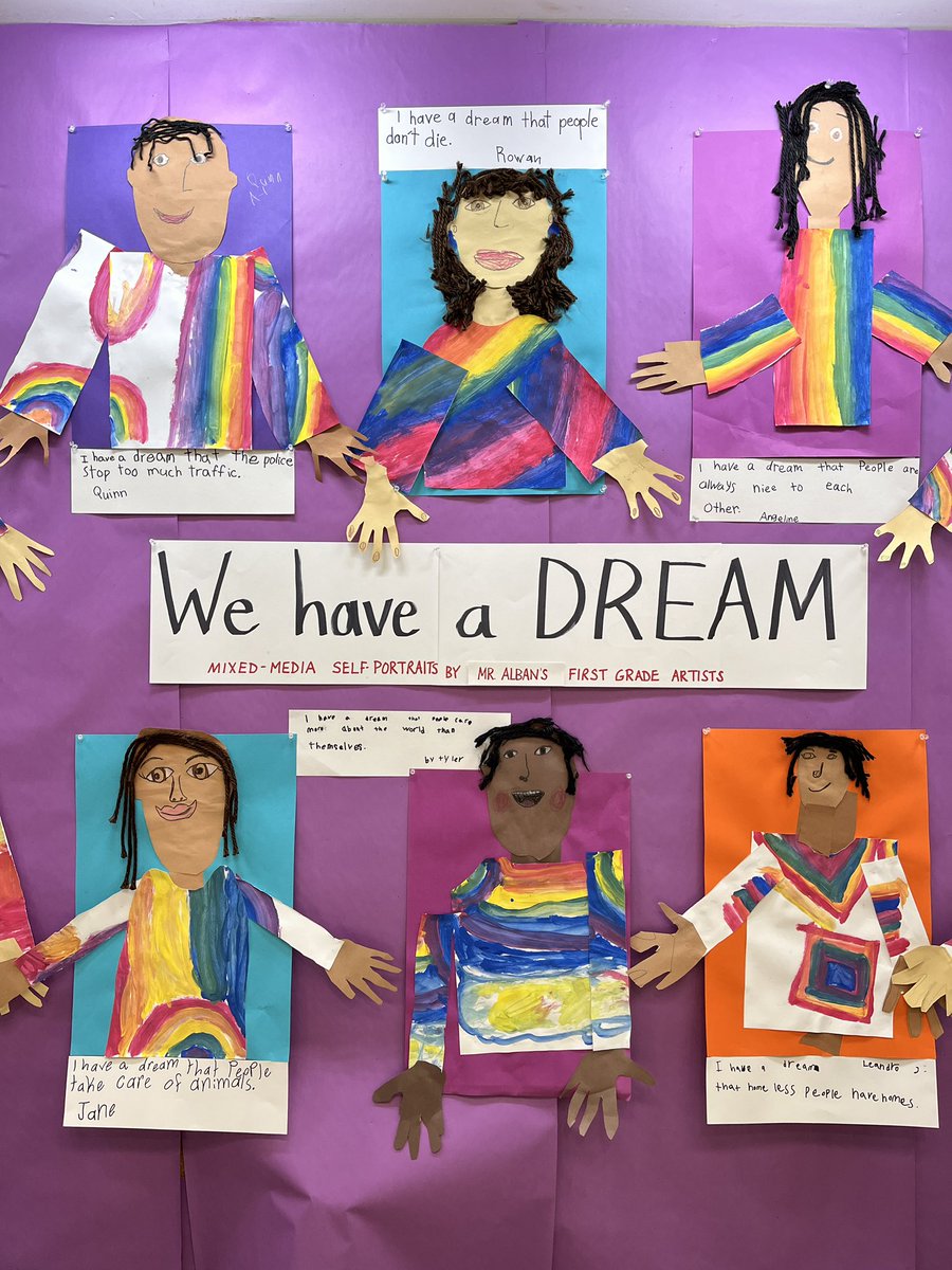 First grade made mixed-media self-portraits and wrote dreams they have to make the world a better place.