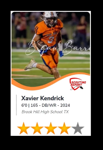 Recruiting Power: 4 ⭐️⭐️⭐️⭐️
903/936 bEAST TEXAS area

<a href="/xavierk13x/">Xavier Kendrick</a> 

Brook Hill HS TX
Coach: <a href="/CoachRyle/">Scott Ryle</a>
Coach: <a href="/luke_mccown/">Luke McCown</a>