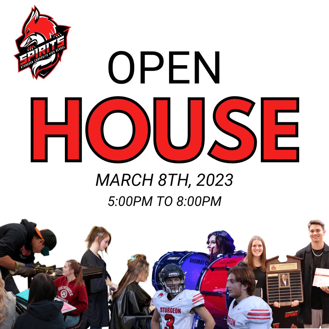 Mark your calendars! The Sturgeon Composite High School 2023 Open House takes place on March 8th from 5:00PM to 8:00PM.

To view the full list of Sturgeon Public Schools Open Houses, head to: 
sturgeon.ab.ca/register/open-…
