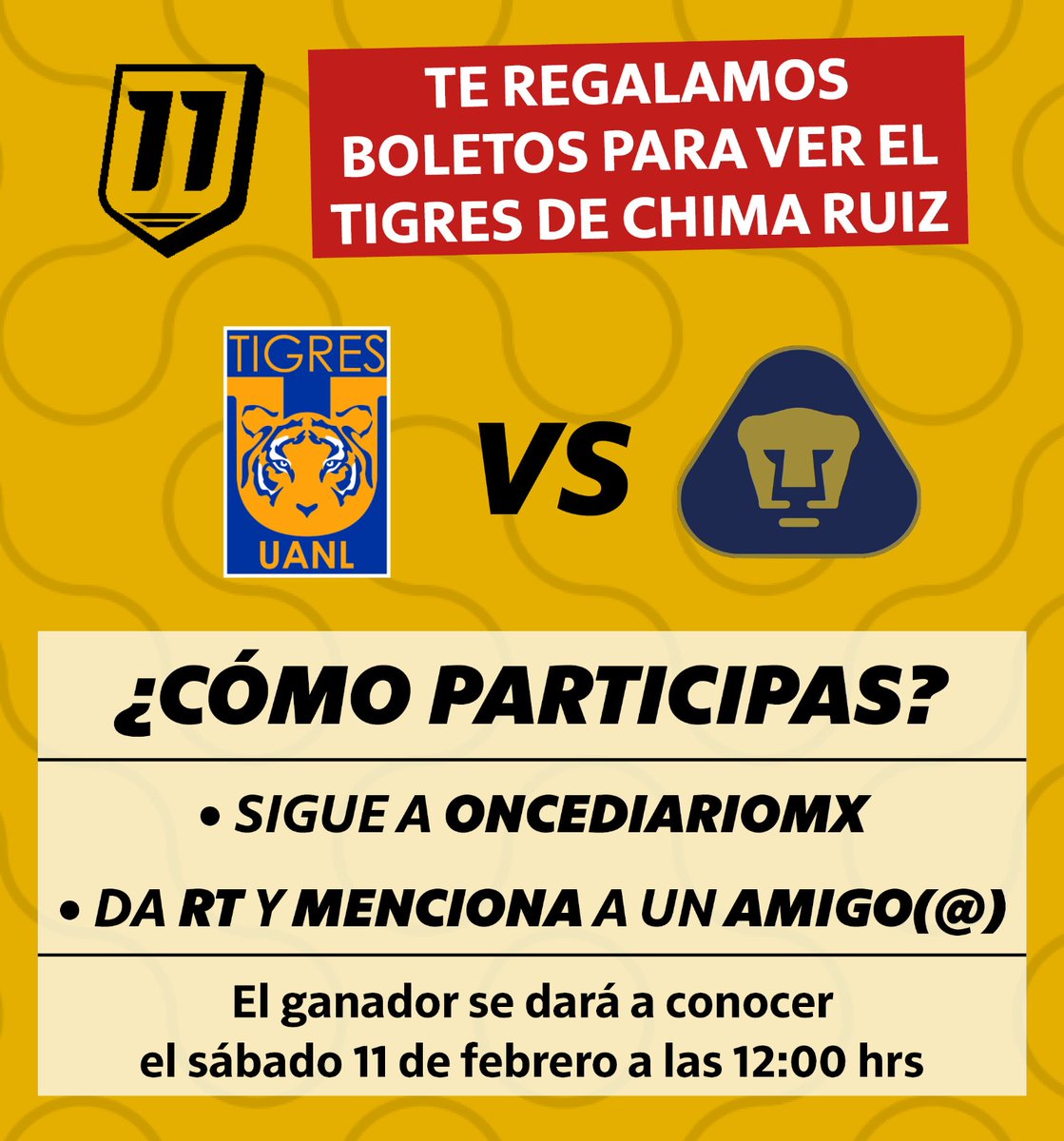🎟 GANA BOLETOS PARA EL TIGRES DE CHIMA RUIZ 🏟

Participa por un pase triple para el duelo entre #Tigres y #Pumas de este sábado.