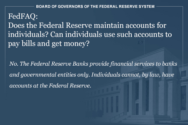 aligingerfx's tweet image. #FED paylasti: #FedFAQ: Does the Federal Reserve maintain accounts for individuals? 
No. The Federal Reserve Banks provide financial services to banks and government entities only.
Learn more: federalreserve.gov/faqs/does-the-…  #sondakika #haber #limitforextr #fx