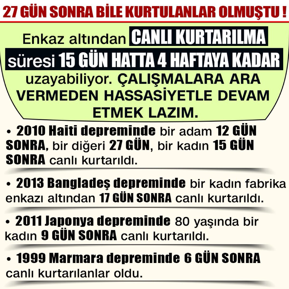 <a href="/ConflictTR/">Conflict</a> Kurtarma çalışmaları durdurulmamalı. Enkaz altından canlı kurtarma süresi 4 haftaya kadar uzayabilir. Bu gerçek göz önünde bulundurulmalı.