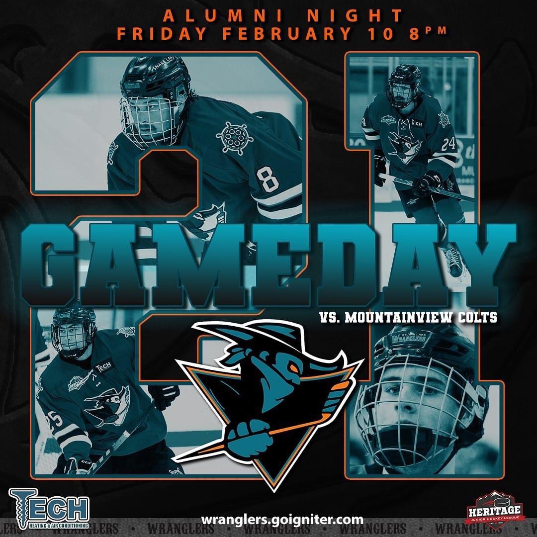 WranglersHockey's tweet photo. Celebrate the past, present, and future tonight at the last regular season home game for The Wranglers! 21 yr-old ceremony at 8pm before puck drop vs. @MV_Colts . Get your tickets at the door at @NexsourceC in @SylvanLake_AB . #Celebration #TorchPassing #LastHomeGame https://t.co/Q03djlcpEl
