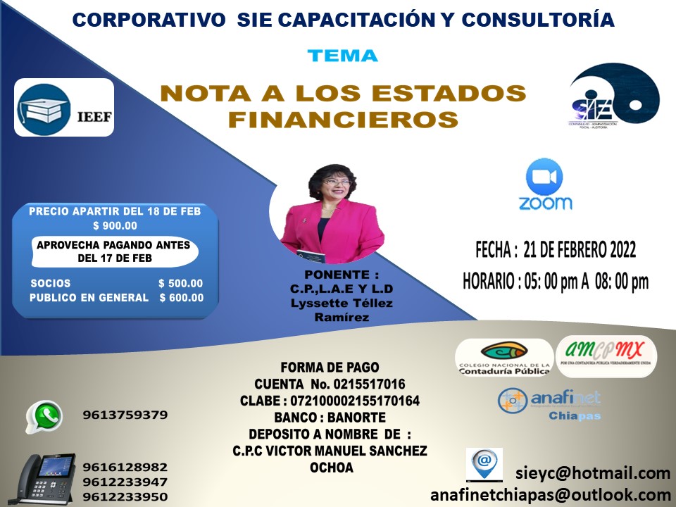 Anafinet Chiapas y Sie Capacitación Y Consultoría te invita a que participes en nuestro proximos curso On Line.
Teléfonos de contacto
9616128982
9612233947
9612233950
WhatsApp: 961-375-9379 link: wa.me/529613759379
ww.sieyc.com
#siecapacitacionyconsultoria