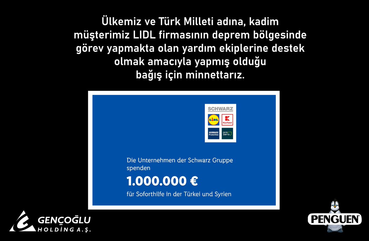 Penguen Gıda (@penguengida) on Twitter photo Ülkemiz ve Türk Milleti adına, kadim müşterimiz LIDL firmasının deprem bölgesinde görev yapmakta olan yardım ekiplerine destek olmak amacıyla yapmış olduğu bağış için minnettarız. <a href="/lidl/">Lidl in Deutschland</a> Ülkemiz ve Türk Milleti adına, kadim müşterimiz LIDL firmasının deprem bölgesinde görev yapmakta olan yardım ekiplerine destek olmak amacıyla yapmış olduğu bağış için minnettarız. <a href="/lidl/">Lidl in Deutschland</a>