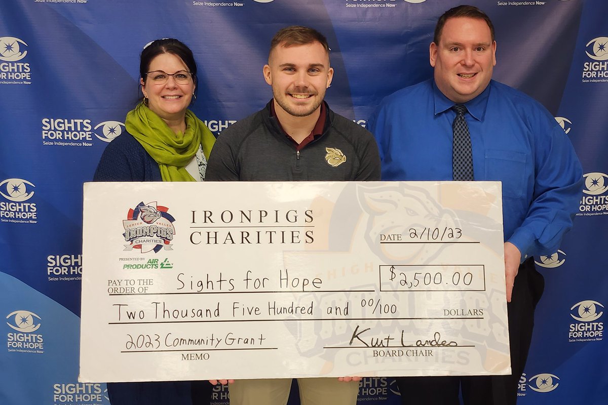 SightsforHope's tweet photo. Thanks to Matt Sommers of @IPCharities for stopping by to learn about our programs and to present a check for $2,500 to support our Camp I CAN! summer program and other programs for young people. #PartnershipsMatter #IronPigs #gratitude #SightsforHope #seizeindependencenow https://t.co/YLTrMiH5P7