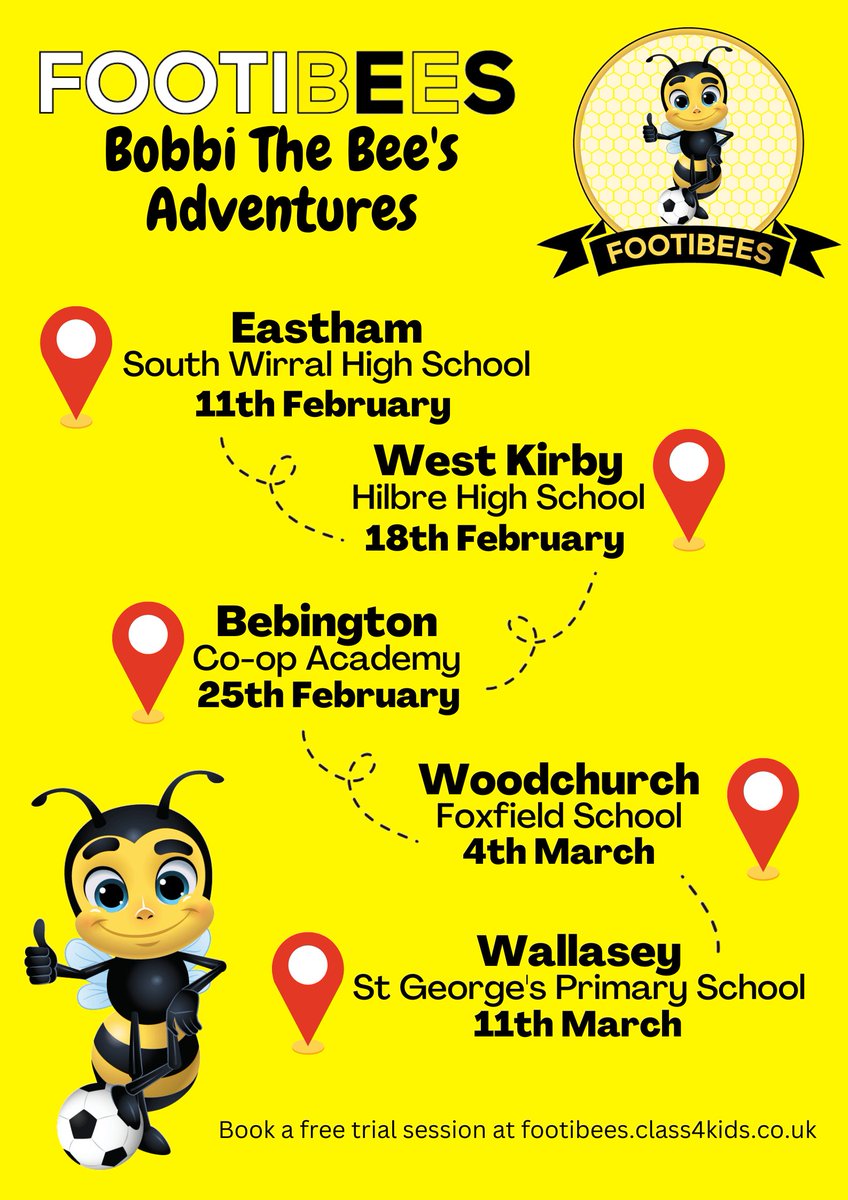 ⚠️Bobbi The Bee's Adventures⚠️

Tomorrow Bobbi The Bee is going to South Wirral High School, Eastham 🟡⚽️🐝

Bobbi is so excited to see all of you Little Bees tomorrow, he's that excited that he is visiting a new Beehive every week for the next 5 weeks 🎉🐝