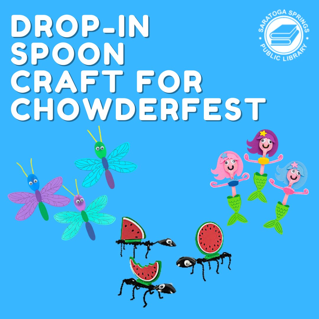 SaratogaLibrary's tweet image. Stop by the Children's Room between 11am and 4pm TOMORROW during #Chowderfest to transform a spoon into a fantastic creature. Participants will have a choice between mermaids, ants and dragonflies. No registration required. 🦋🐜🧜‍♀️ #SSPL #SSPLKids #SaratogaLibrary #SaratogaSprings