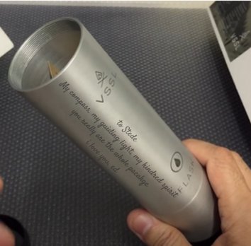 Image of adventure flask. Inscription reads "To Stede, my compass, my guiding light, my kindred spirit. You really are the whole package. I love you, Ed" 