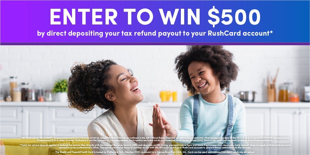 👀 Looking for a win? Direct deposit your tax refund to your RushCard  and not only will you get your payout  up to 5 days early,* you’ll also be automatically entered for a chance to win $500!** Learn more: bddy.me/3XnTt31