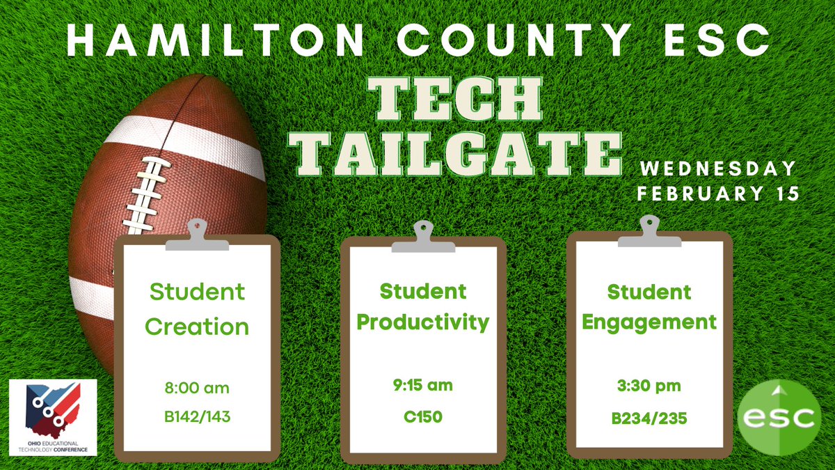 EduTechCoach's tweet image. Are you heading to @OhioEdTech Conference next week? Please make sure to check out @HamiltonCoESC TAG team for 3⃣ high energy Tech Tailgates that are sure to show you something new to use in your school! 📣🏈