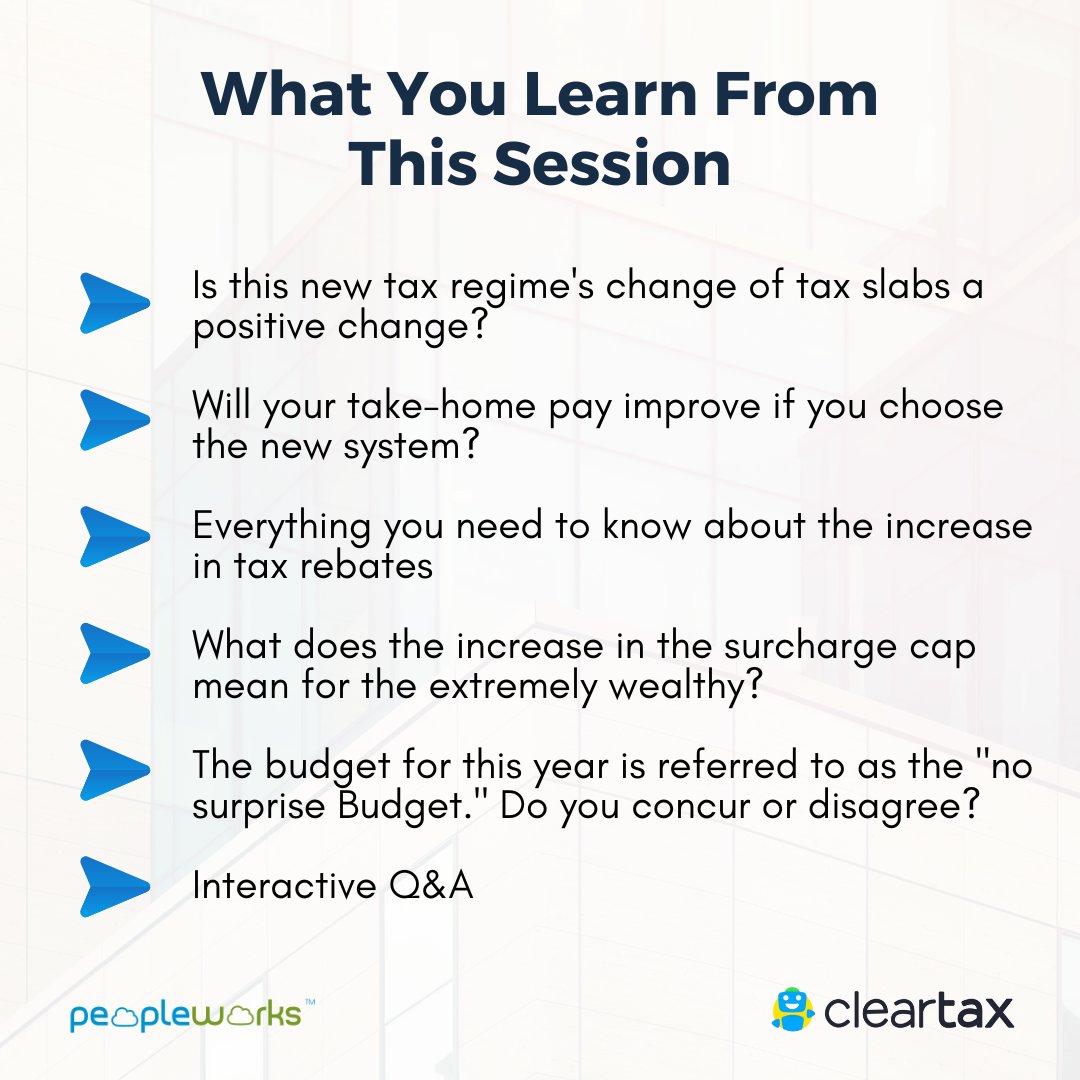 PeopleWorksBiz's tweet photo. We invite you to join us on February 16, 2023, at 4 p.m. for a LIVE session on "Understanding the Union Budget 2023," during which our tax expert will completely discuss the new budget slab 2023 and explain how it benefits middle class tax payers.

https://t.co/La1ubSFr98 https://t.co/z1TKEfKrqN
