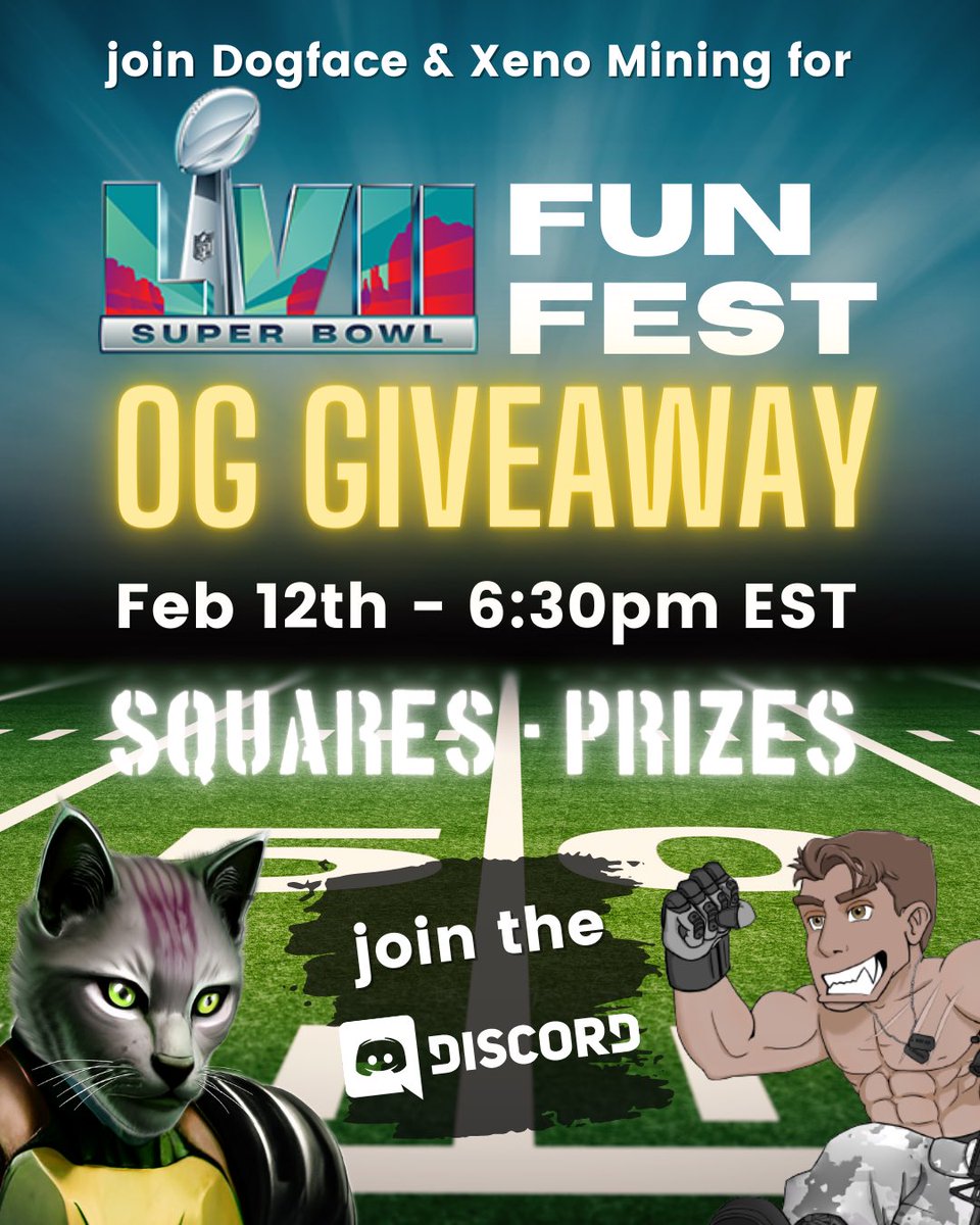 Only a few days left to enter the “Super Bowl Fun Fest Giveaway”🏈

AMMO, Merch, #NFTGiveaways and more! 💰

Brought to you by @dogfaceNFT &amp; @XenoMining 

Join the discord to learn more:
discord.gg/RGKJey5JGU