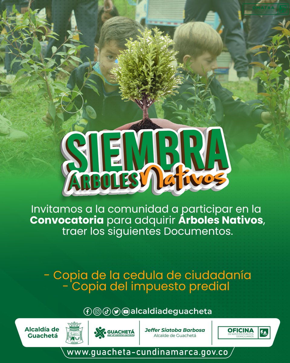 AlcdGuacheta's tweet photo. #FuentesDeVida ¿Quieres sembrar árboles nativos? Acércate a la Oficina de Servicios Públicos con los siguientes documentos:
- Copia Cédula de Ciudadanía.
- Copia Impuesto Predial y ayúdanos en este 2023 a reforestar nuestro territorio. ¡Participa de esta convocatoria! https://t.co/opFKi668p8