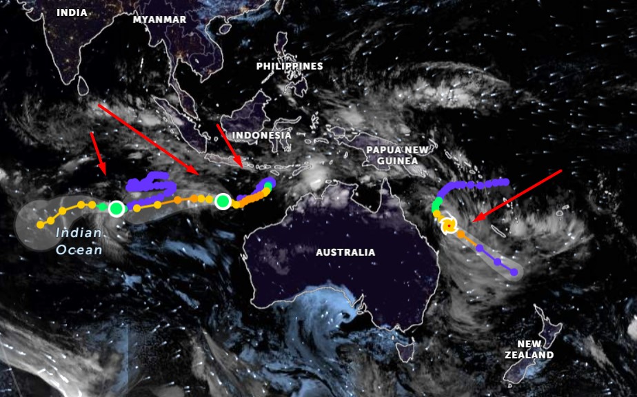 #sentinal3OLI #NOAA20  OVER AUSTRALIA DATE - 10/02/2023
Two tropical cyclones have formed on either side of Australia. Off the coast of Queensland is #Gabrielle, and off the coast of Western Australia is Freddy.+#Dingani .