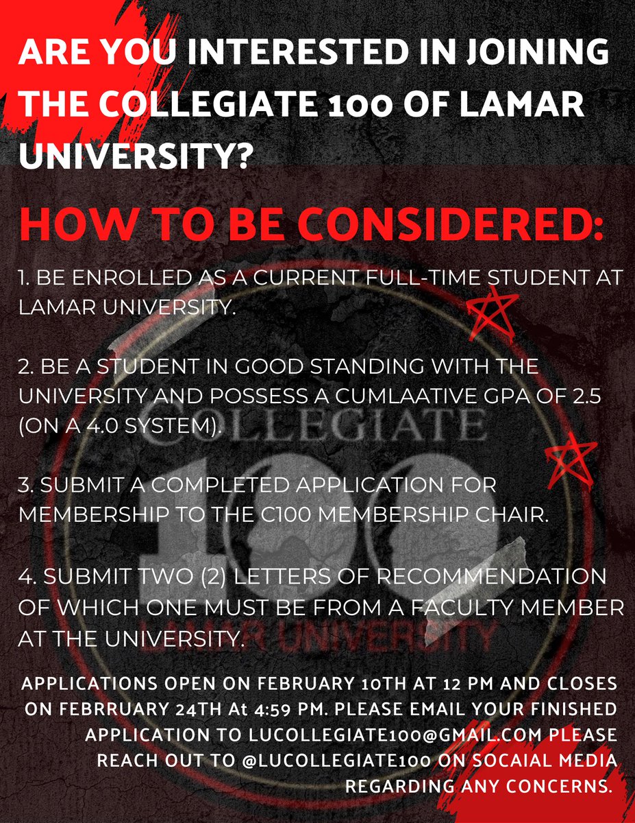 🚨Application is OPEN!🚨
Apply TODAY:bit.ly/3lvdCHa
#WeAreLU <a href="/LamarUniversity/">Lamar University</a>