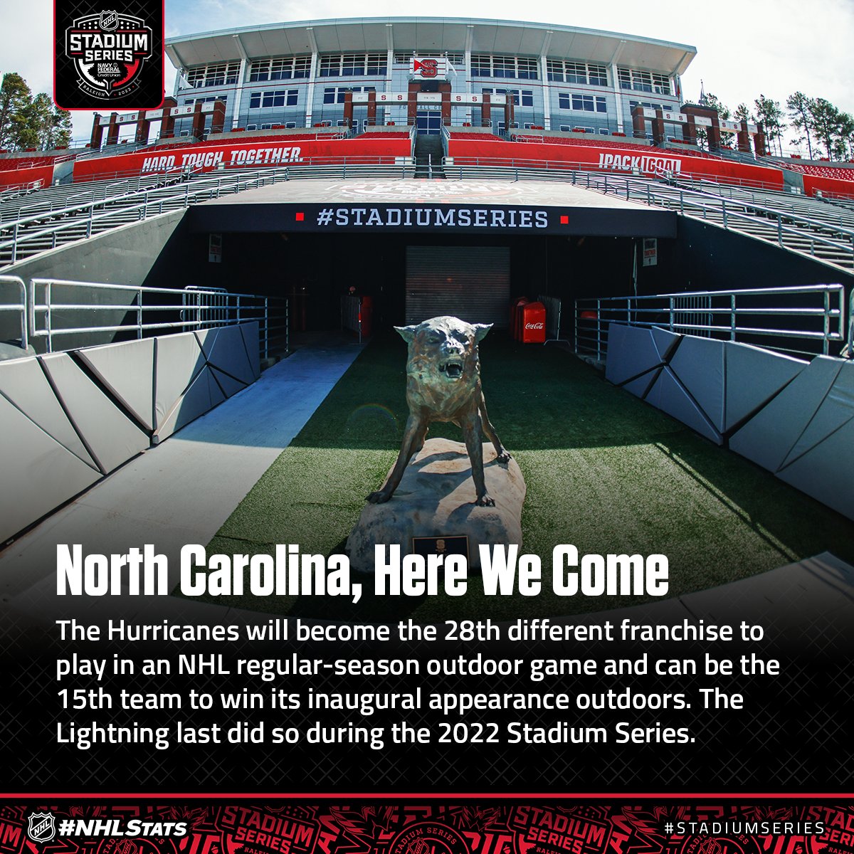 NHLPR's tweet photo. The countdown is on. ⏰

We're 8⃣ days away from @Canes hosting the Capitals in the 2023 #NHLStadiumSeries at Carter-Finley Stadium, the home of the @PackAthletics. 

📅: Feb. 18, 2023
🕗: 8 p.m. ET
📺: ABC, ESPN+, Sportsnet 360, TVAS2

#NHLStats: https://t.co/HsqZFZ81Qs https://t.co/kEg5QS39Yy