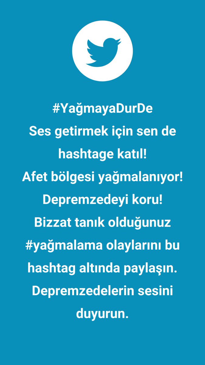 #YağmayaDurDe

Ses getirmek için sen de hashtage katıl!

Afet bölgesi yağmalanıyor! Depremzedeyi koru!

Bizzat tanık olduğunuz #yağmalama olaylarını bu hashtag altında paylaşın.

Depremzedelerin sesini duyurun.