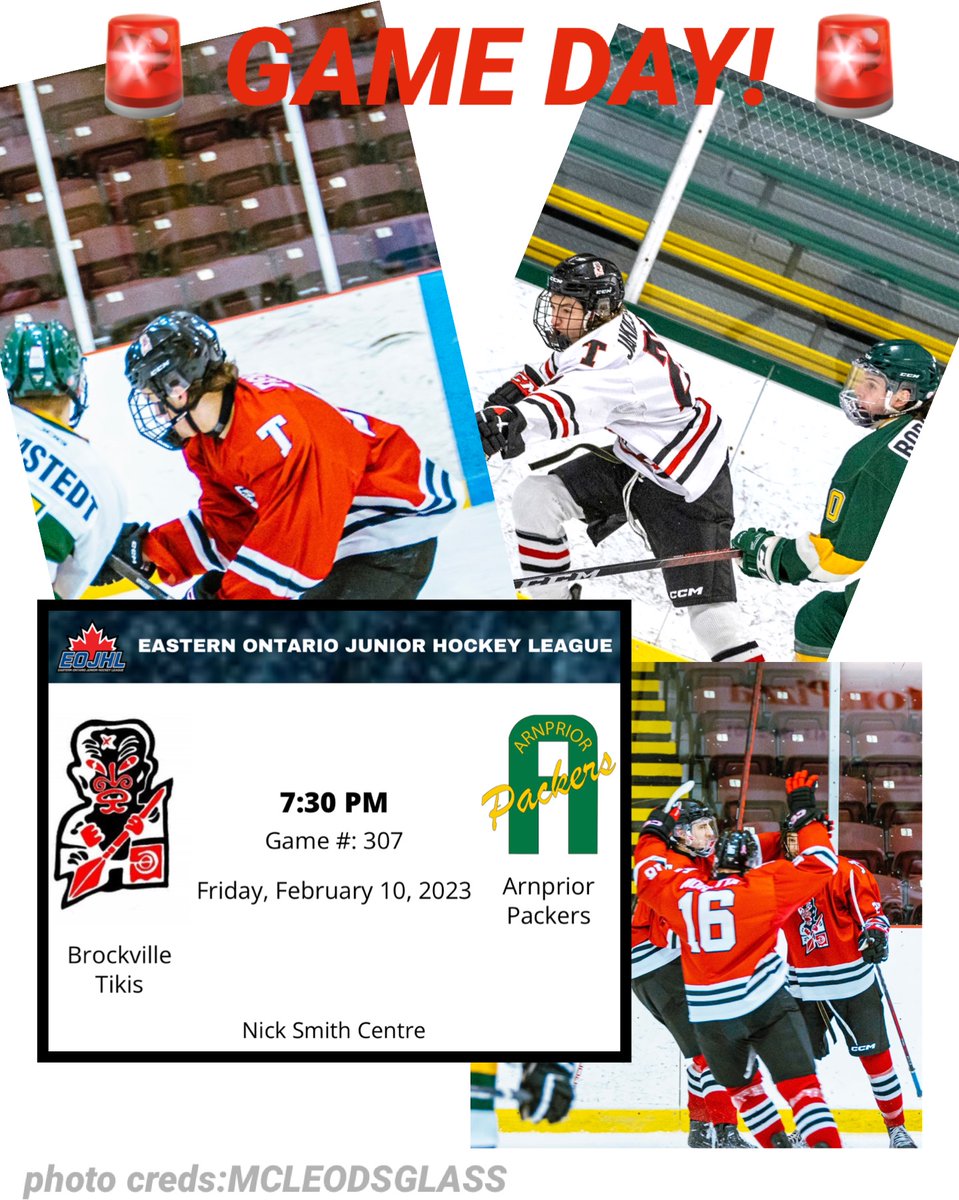 🚨GAME DAY!🚨Your Brockville Tikis are on the road tonight for a match against the Arnprior Packers. Puck drop at 7:30pm at the Nick Smith Centre. <a href="/theEOJHL/">The EOJHL</a> Let’s roll Teeks!! #TikisGameDay #BrockvilleTikis #tikitime #rollteeks #EOJHL