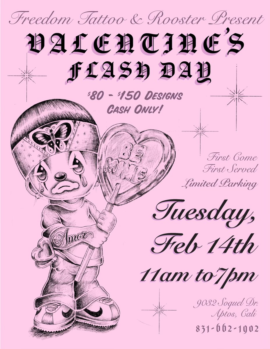 Freedom tattoo is having a valentines day flash follow me on insta @ tattoosbyabomb to see some of the flash available or come on down Tuesday nd check it out in person nd get a cool tattoo