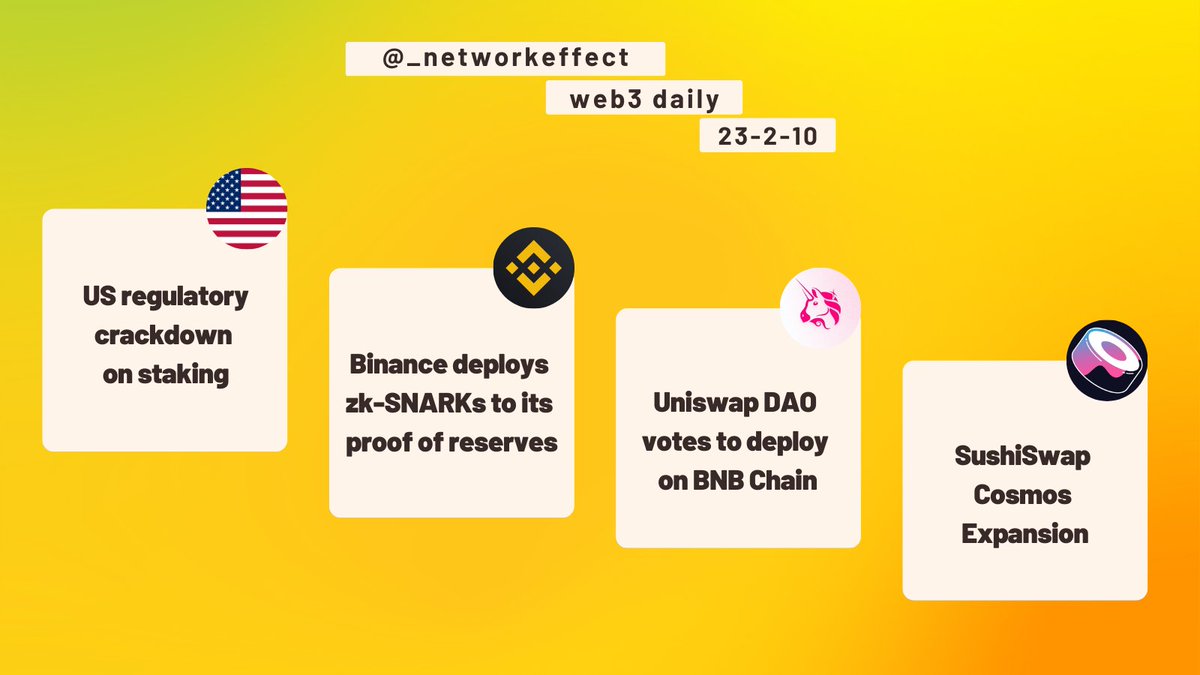 _networkeffect's tweet photo. → US regulatory crackdown on staking w/ @krakenfx
→ @binance deploys zk-SNARKs to its proof of reserves
→ @Uniswap vote passes for deploying on #BNBChain
→ @SushiSwap acquires @cosmos-based DEX
→ @LiquityProtocol integrates w/ @aztecnetwork

more → https://t.co/uukd5MtO4U https://t.co/zd9prSKi20
