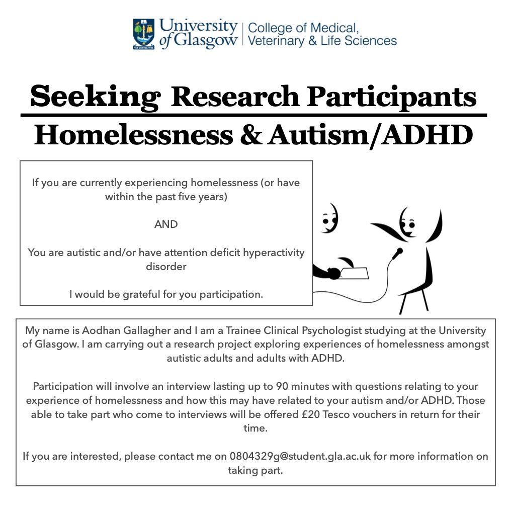 aodhanpatrick's tweet photo. I'm looking to interview autistic adults and/or adults with ADHD with experiences of homelessness across Scotland. 

Interviews will be face-to-face, with the offer of £20 Tesco vouchers for the time and effort. Please get in touch with any interest or questions. https://t.co/08GSl4PvE8