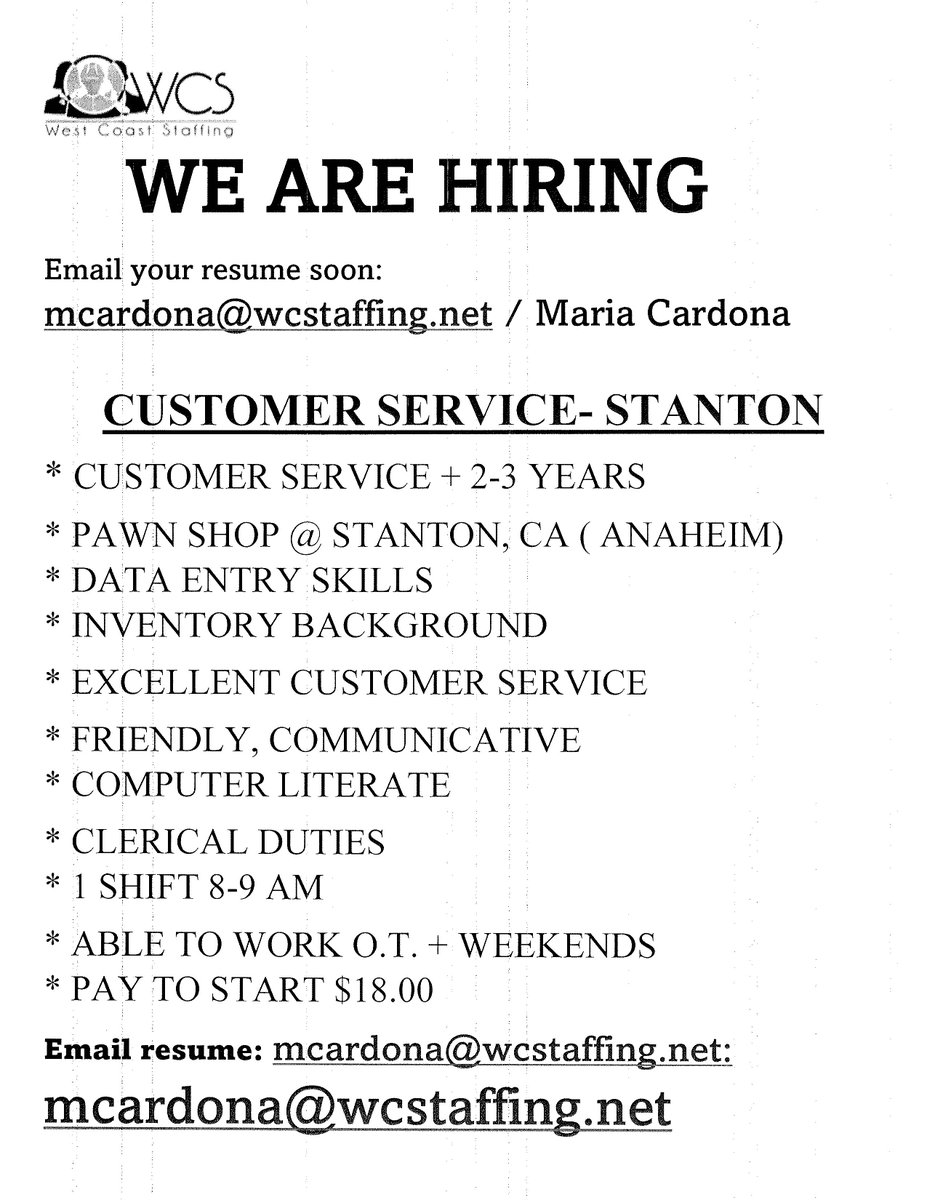 AWConnection's tweet image. Customer Service Position open in Stanton, CA. See below for more details. 
#awconnection #westcoaststaffing #jobs