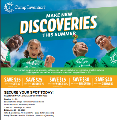 ChallengeObps's tweet photo. Don't forget to register for Camp Invention 2023!  Alumni can get a $35 discount per camper until 2/15 use code ALUMNI35!!! Everyone else use code WONDER25 to save $25 per camper. 
Register here: https://t.co/AV7CWzEm5J https://t.co/YUyQhhEyfk