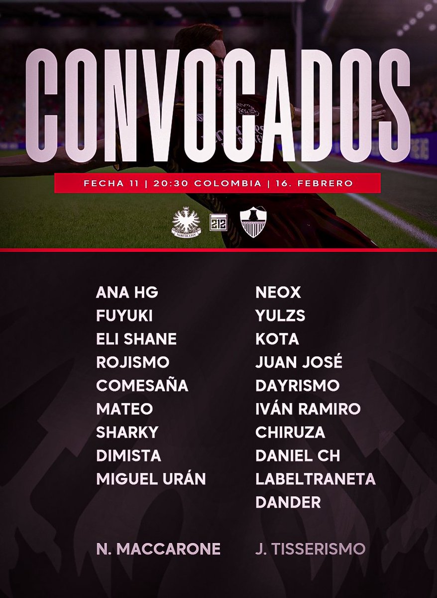 📋 Los convocados por la dupla técnica Maccarone-Tisserismo para el duelo de mañana contra Deportivo Chernobyl por la #Fecha11 de #La212.

👋 Dander, con la autorización de la Organización para disputar el encuentro. 

#VamosAndino | <a href="/LaLiga21Of/">La Liga 21</a> 🦅
📺 twitch.tv/laliga21