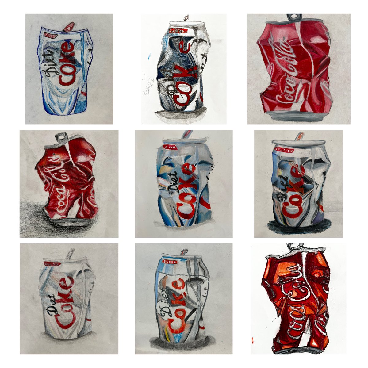 BaustStrackArt's tweet photo. Thirsty? 
Crushed can drawing studies by Strack 6th graders. #CocaCola @StrackKISD @kleinfinearts https://t.co/aWD2XdZfss