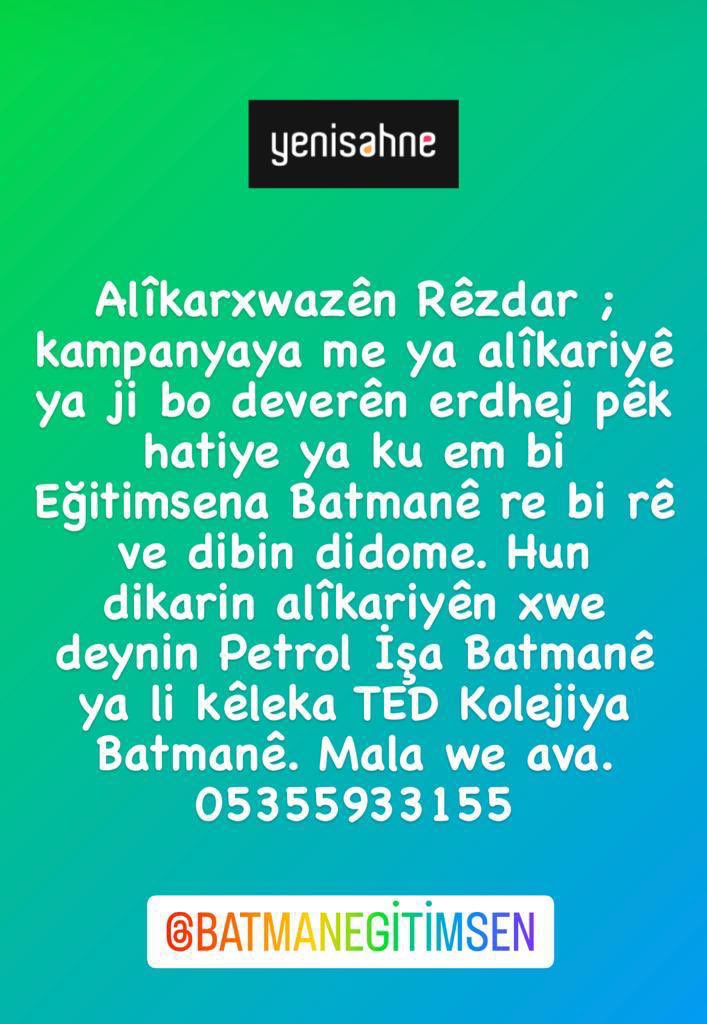 Haydi arkadaşlar. İşimiz yeni başlıyor!

Gelî hevalan alîkariya herkesî gelek girîng e.Dest bidin hev 🌸🌸

Dayanışma herşeydir!!
<a href="/egitimsenbatman/">Eğitim Sen Batman Şubesi</a> 
<a href="/erdal1kaya/">erdal kaya</a> <a href="/yakup_selimogl/">Yakup Selimoğlu</a> <a href="/BilalGuldem/">Bilal Güldem</a> <a href="/denoizm/">Deniz Özer</a> <a href="/bahozzOzsunar/">Bahoz</a> <a href="/yavuzakkuzu/">yavuz akkuzu</a> <a href="/MehdiMutlutv/">Mehdi Mutlu</a> <a href="/AvBogatekin/">Hüseyin Boğatekin</a> <a href="/HinekHenek/">Hinek Henek</a> <a href="/erkansenses/">Erkan Şenses</a>