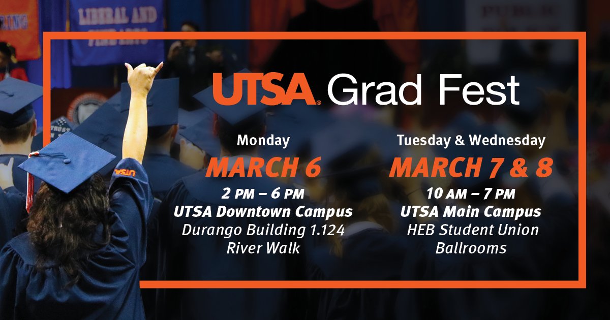 UTSAOneStop's tweet image. 🎓 Are you graduating this spring? Mark your calendar 🗓️ to attend #UTSAGradFest and get all your questions answered related to graduation and commencement! 🔗 utsa.me/3xjNHEF #UTSAGrad23