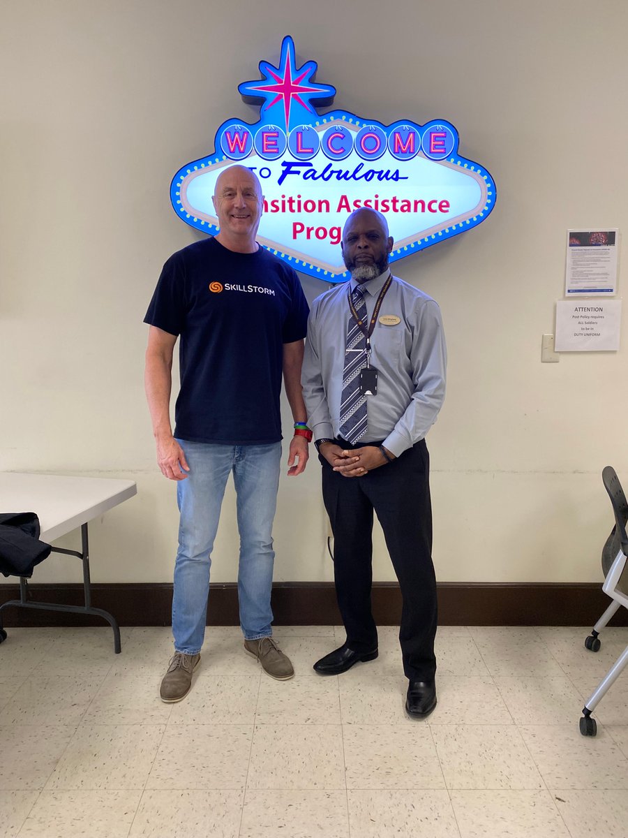 SkillStorm's tweet photo. The game of Where's John continues! 🔍 We found him in 📍 Kentucky at Fort Campbell. He is pictured with Cory Wingfield from the Fort Campbell Transition Assistance Program office.
#wheresjohn #accelerateopportunity #techcareer #wehireheroes #veterans #military https://t.co/eaENr2SpnZ