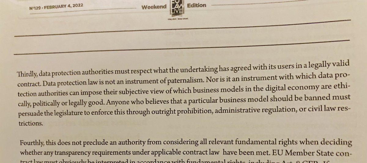 marcoscialdone's tweet photo. “Data protection law is not an instrument of paternalism.Nor is it an instrument with which data protection authorities can impose their subjective view of which business models in the digital economy are ethically, politically or legally good” Couldn’t agree more #fridayreadings https://t.co/4rIY4Yt9Ao