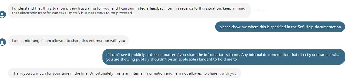 esguthrie's tweet photo. @SoFiSupport @SoFiSupport can you please explain why the support personnel would have to get permission to show me a non-public facing policy on delivery dates for bill payment that has resulted in my being bill fees and finance charges? @CFPB @AmericanExpress @WhiteHouse https://t.co/T6XXokh64M