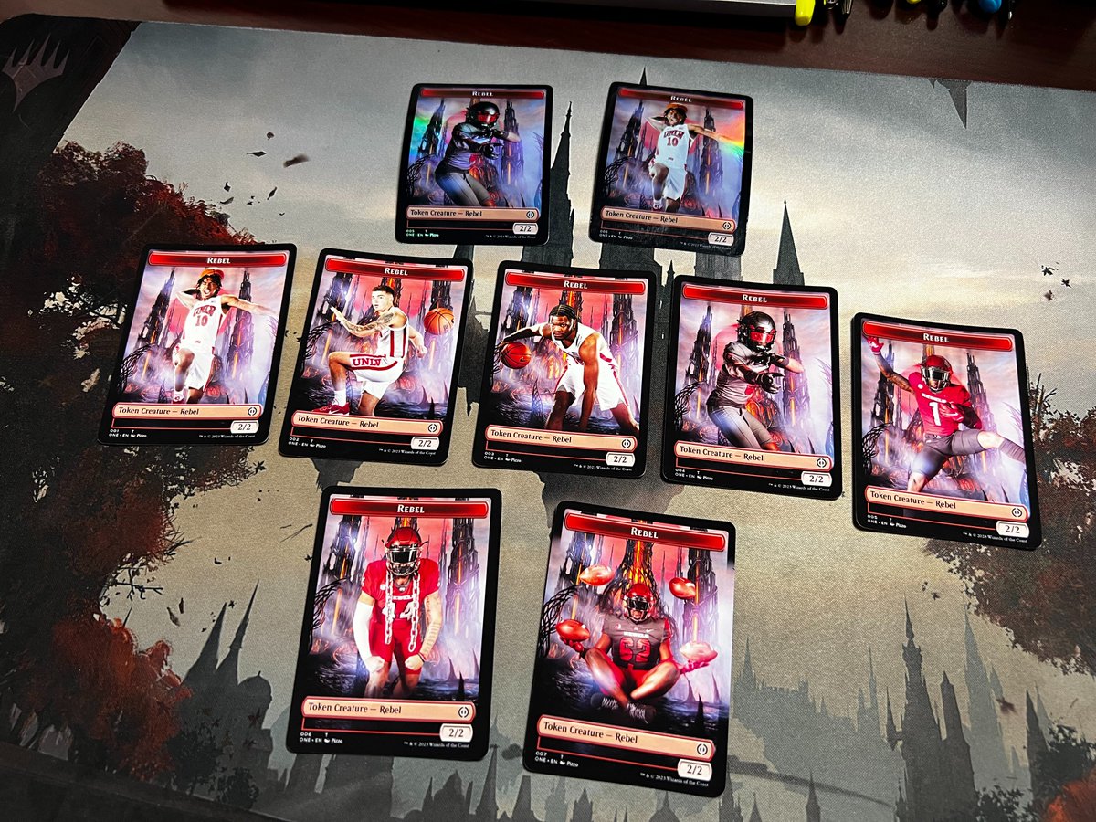 YoungCorpseTV's tweet photo. Had to go completely overboard on custom tokens after I found out the new set had rebels in it. Going to bust these out at our sealed event this weekend.  #MTGPhyrexia #unlv https://t.co/HPLgJbB2lp