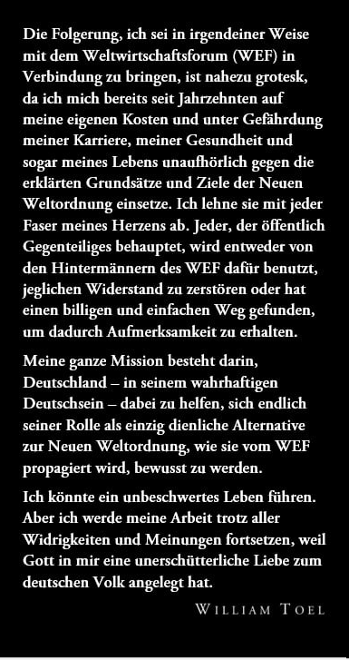 Qallianz's tweet photo. Es ist absurd, #WilliamToel eine Verbindung zum #WEF anzuhängen. Es ist eine Schmutz- und Hetzkampagne, der viele auf den Leim gegangen sind.
William #Toel veröffentlicht dazu eine kurze Stellungnahme: https://t.co/LBmhxZL9rY