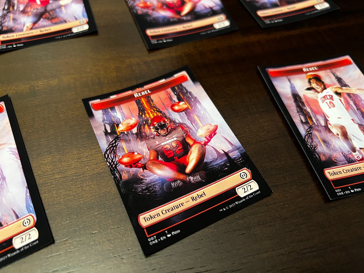 YoungCorpseTV's tweet photo. Had to go completely overboard on custom tokens after I found out the new set had rebels in it. Going to bust these out at our sealed event this weekend.  #MTGPhyrexia #unlv https://t.co/HPLgJbB2lp
