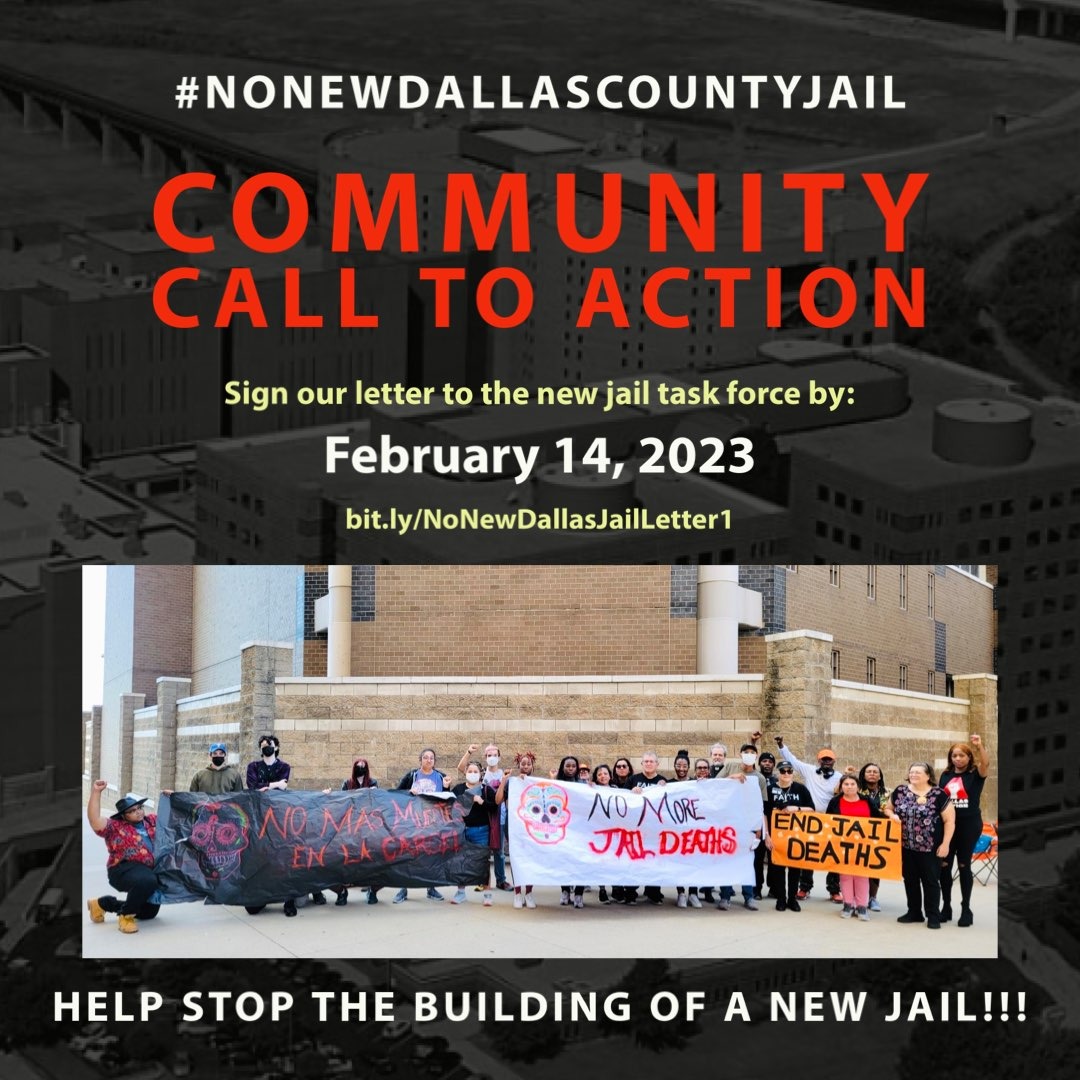 Hello community! Please sign our open letter to the new Dallas County Jail task force to send them a message that we want #NoNewDallasCountyJail! 
Please sign by 2.14.23. 
bit.ly/NoNewDallasJai…