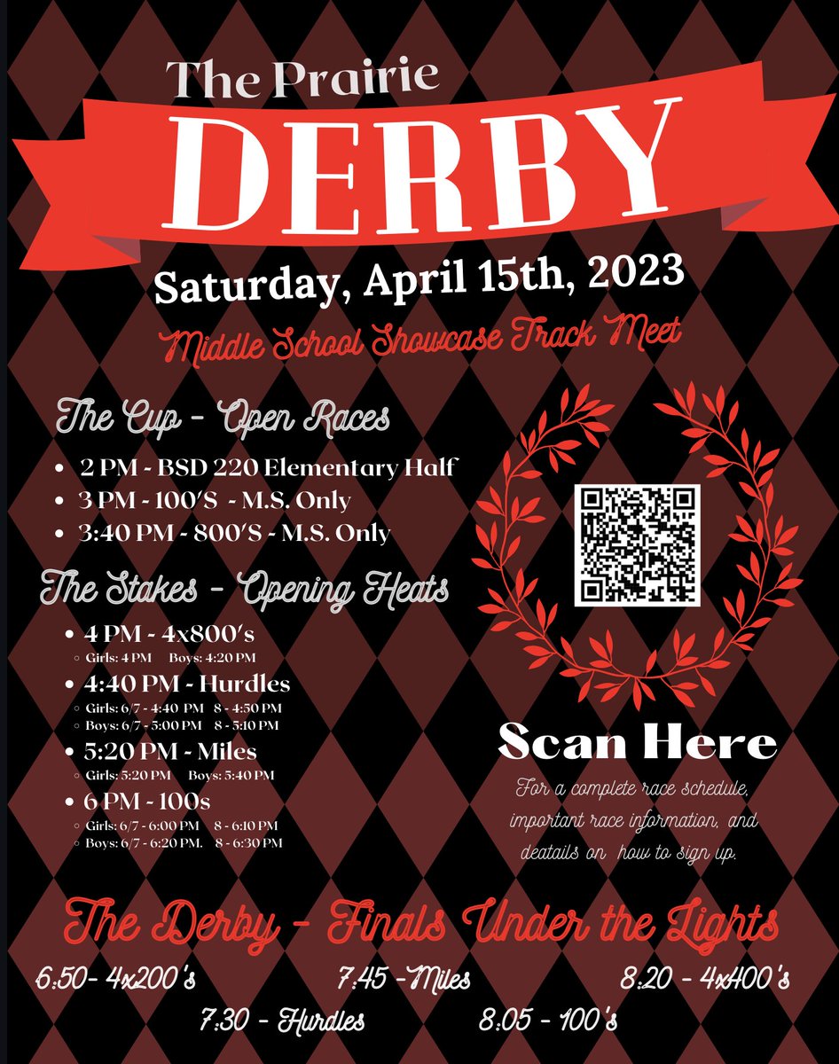 Excited to announce the Prairie Derby Middle School Showcase Meet - Sponsored by <a href="/dickpondhoffman/">Dick Pond Hoffman</a>!

A meet designed to make competitive races to talented runners and relays! 

Hope to see you there! Help us spread the word by reaching out to your middle school track teams!