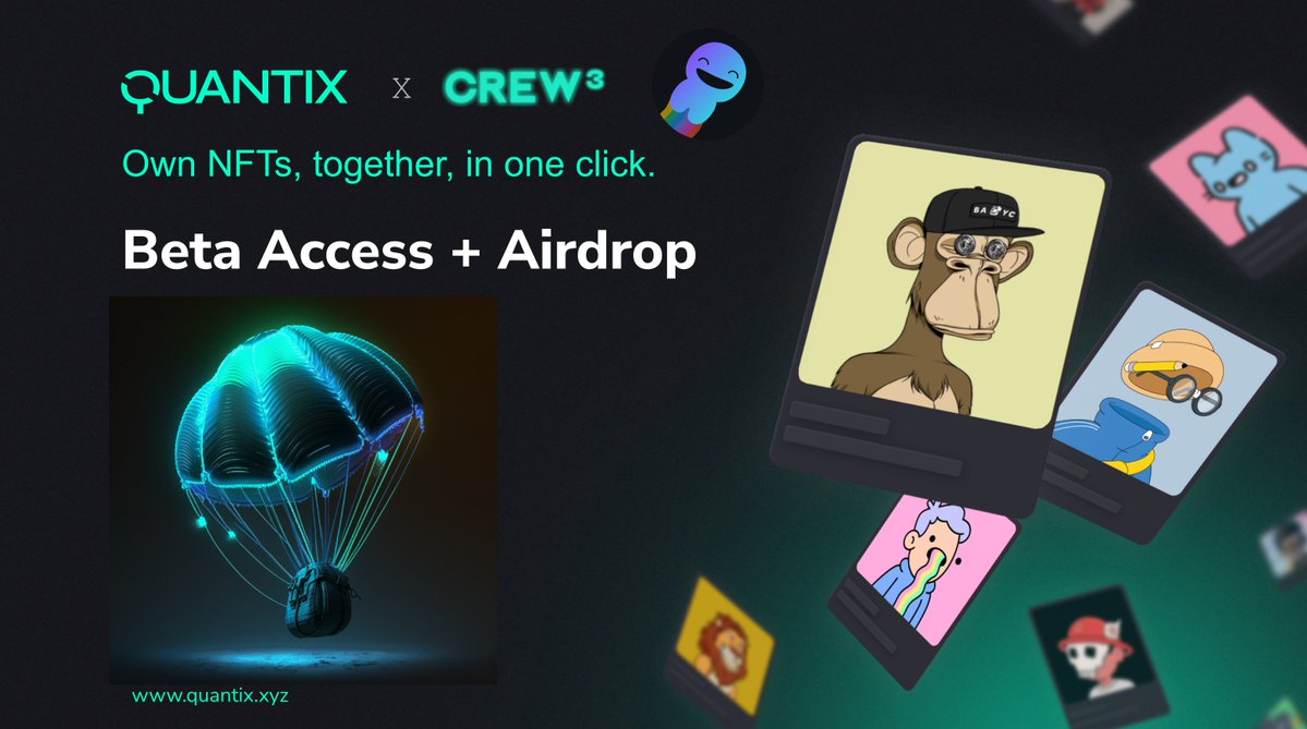 It’s official - Quantix Beta Airdrop is here! 🪂
Don’t miss out on exclusive early access to the platform. Complete missions to be eligible for the upcoming airdrop. Limited spots available. 
Join our Community Hub now! 
🔗crew3.xyz/c/quantix/ques…
#Crew3xyz #Airdrop #NFTs