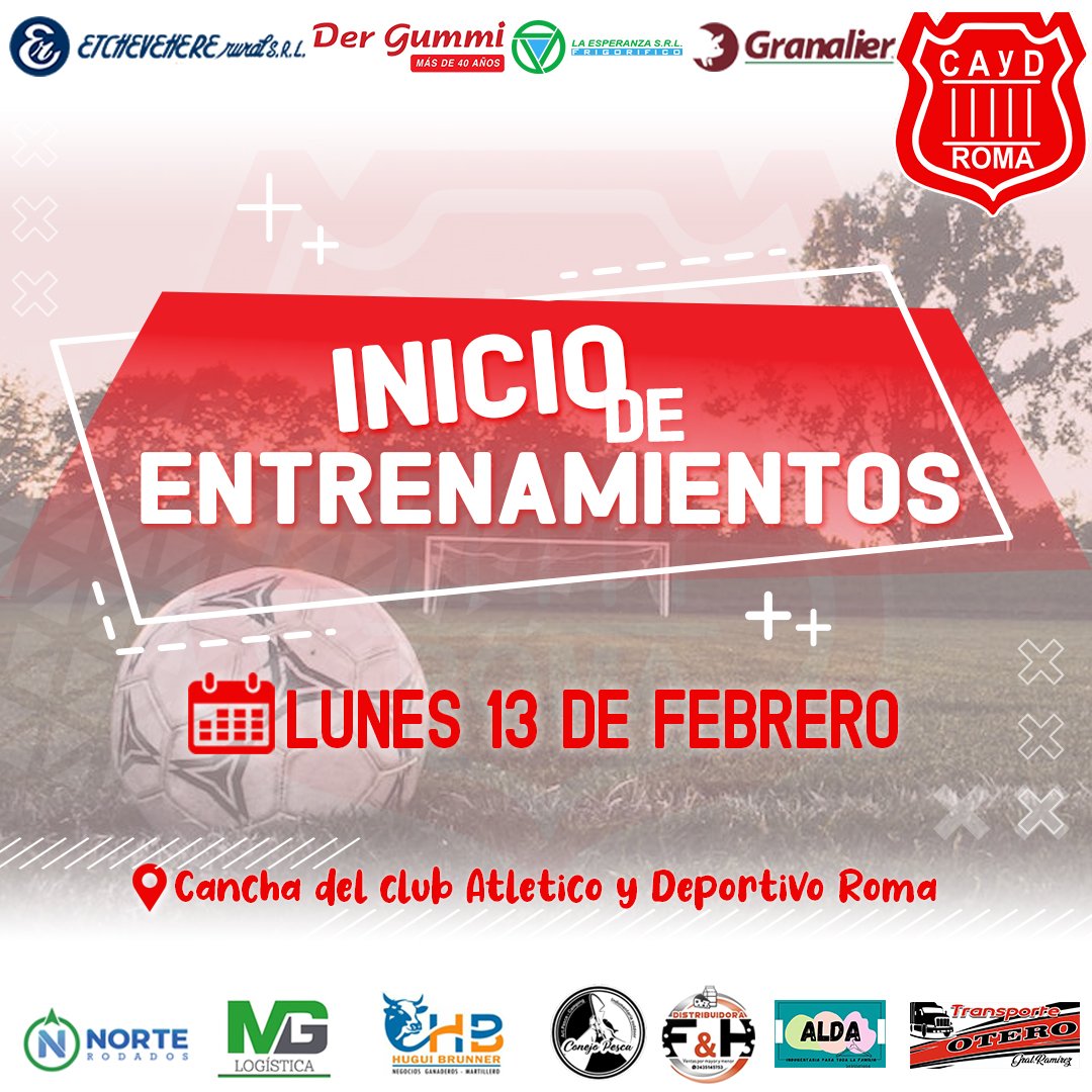 Inicio de temporada😍⚽️
Este lunes arrancamos con los entrenamientos en el club ROMA.
🕐 Horarios con sus respectivos profesores.
Las inscripciones continúan para quienes se quieren sumar ❣ 
Los esperamos!!!
Un año a mucho deporte, con los colores rojo y blanco😍