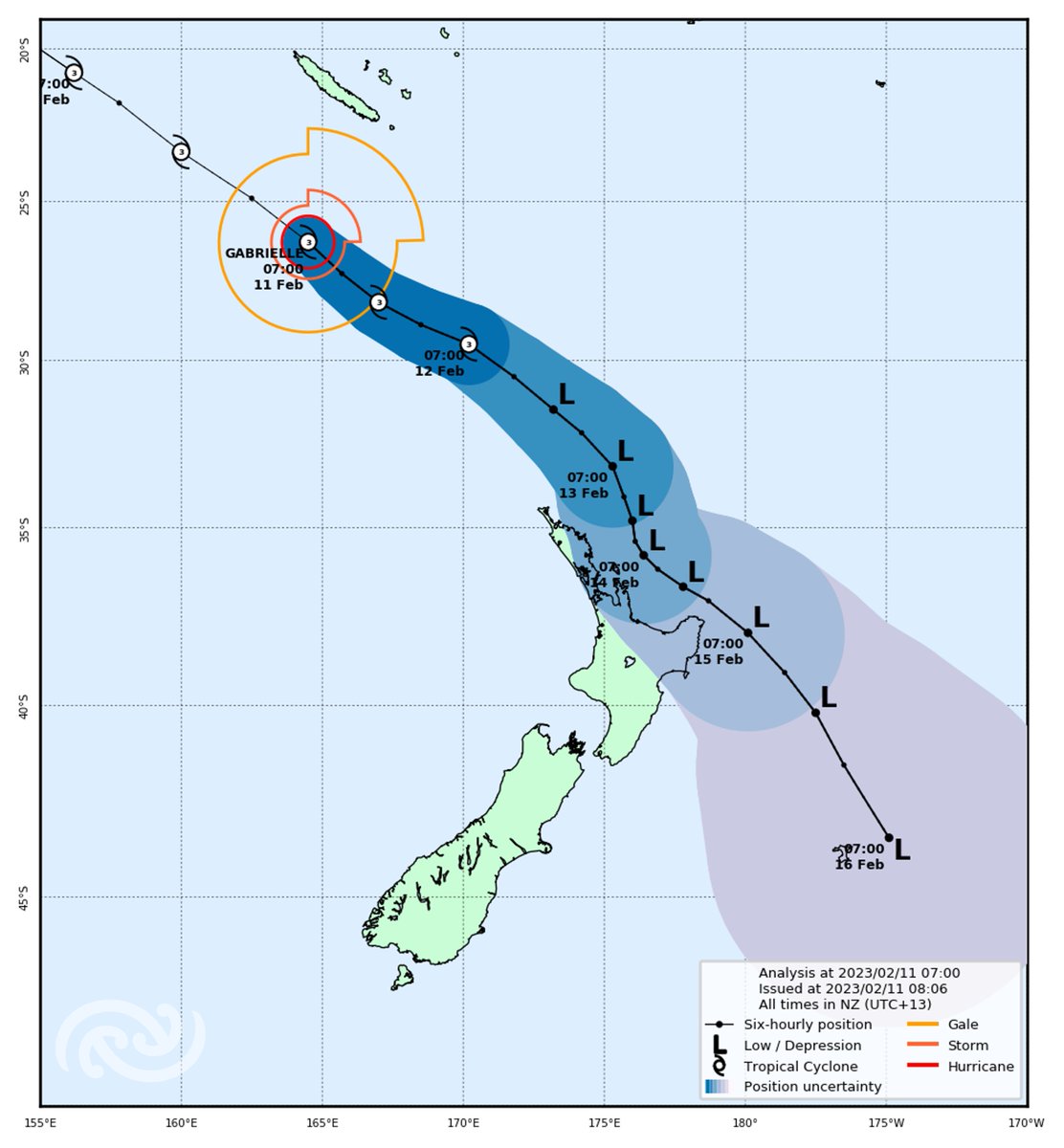 MetService's tweet photo. The latest track map for #CycloneGabrielle is now available here https://t.co/7wKJumOqMX

Remember that the shading represents the possible path of #CycloneGabrielle, not the extent of the severe weather or expected areas of impacts https://t.co/dkzMHMcEVj