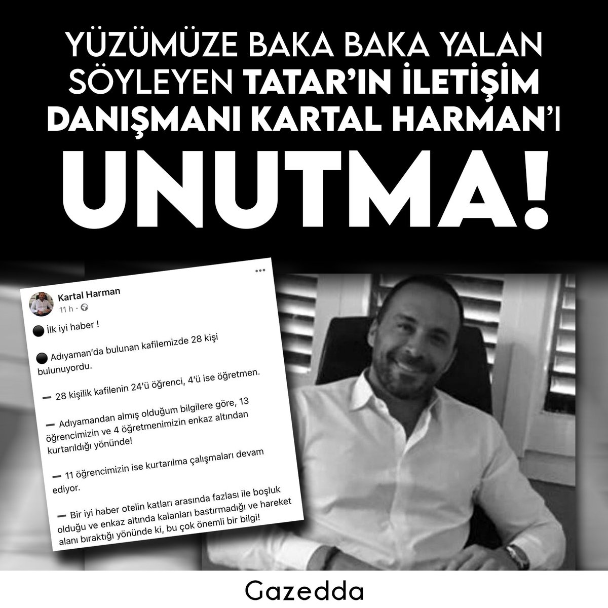 GazeddaKibris's tweet photo. Atanmış Cumhurbaşkanı Ersin Tatar’ın İletişim Danışmanı Kartal Harman, depremin ertesi günü kişisel sosyal medya hesabından kamuoyuna sistematik bir şekilde yalan bilgi verdi. Unutma! https://t.co/1ZPYk0hIsY