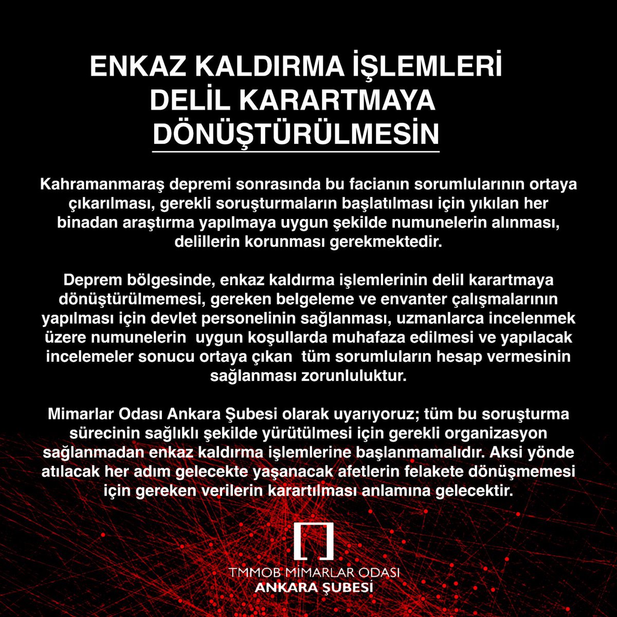 mimodank's tweet photo. 📢 ENKAZ KALDIRMA İŞLEMLERİ DELİL KARARTMAYA DÖNÜŞTÜRÜLMESİN

Mimarlar Odası Ankara Şubesi olarak uyarıyoruz; tüm bu soruşturma sürecinin sağlıklı şekilde yürütülmesi için gerekli organizasyon sağlanmadan enkaz kaldırma işlemlerine başlanmamalıdır. https://t.co/MiOXHIUJNN