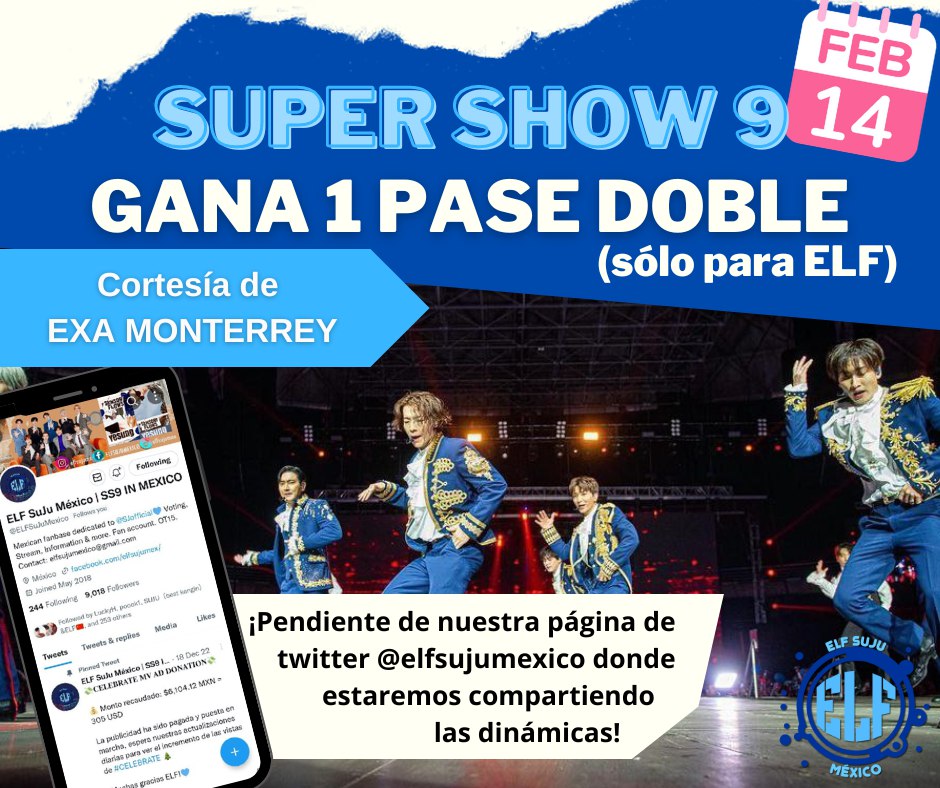 ELFSuJuMexico's tweet photo. 🎁¡ELF SUJU MÉXICO EN COLABORACIÓN CON EXA 97.3 FM TE REGALAN UN BOLETO DOBLE!

Podrás disfrutar el 14 de febrero junto a #SUPERJUNIOR💙🥺

Lo único que tienes que hacer es estar pendiente de nuestro Twitter y participar en las dinámicas🤩✨

RT #SS9inMexico https://t.co/IeGLmlxbtl