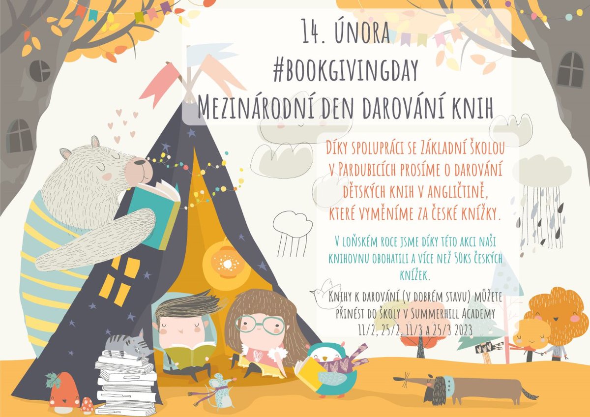 CSCSBristolCIC's tweet photo. Přijďte k nám oslavit Book Giving Day darováním anglické knihy!
Díky spolupráci se Základní školou v Pardubicích máme možnost vyměnit anglické výtisky za ty české a tím rozšířit naši školní knihovnu. Pojďte oslavit tento den s námi!
#bookgivingday https://t.co/h79Wmm3j56