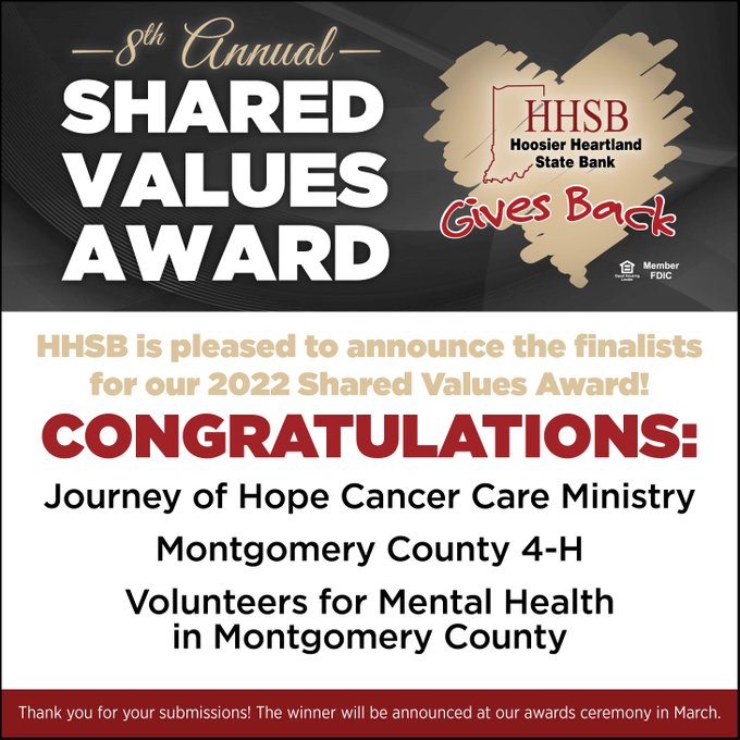 VMHMC is deeply humbled by this recognition.   We are so grateful to the individuals, organizations, schools, and businesses that support our work and the volunteers who help us fulfill our mission.  Thank you to everyone who nominated us and to <a href="/myHHSB/">Hoosier Heartland State Bank</a> for its generous support!